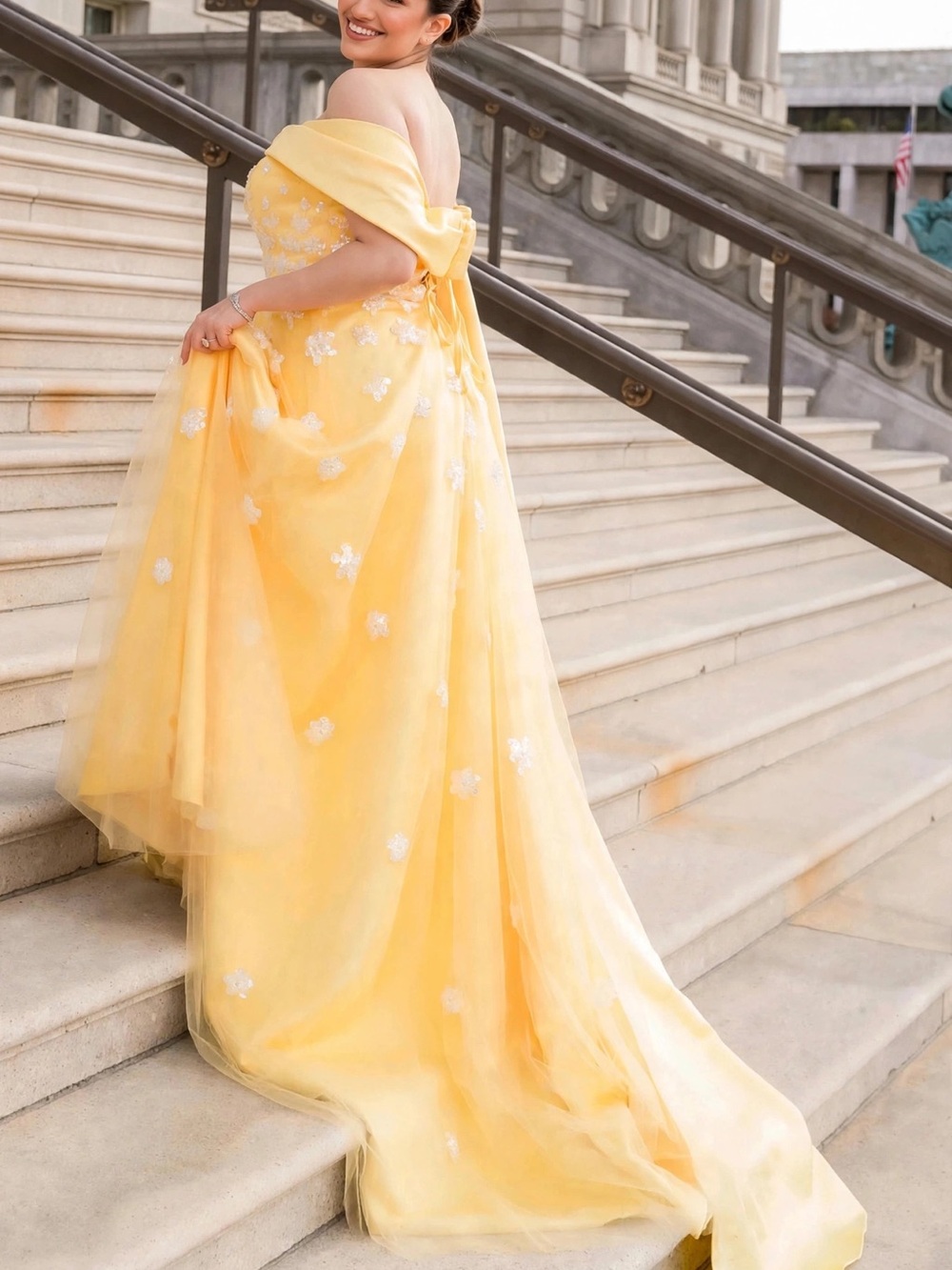: Yellow Off-Shoulder Beaded Floral Formal